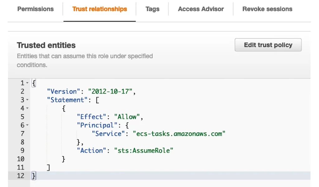 Amazon ECS task role trusted entities in IAM Management console