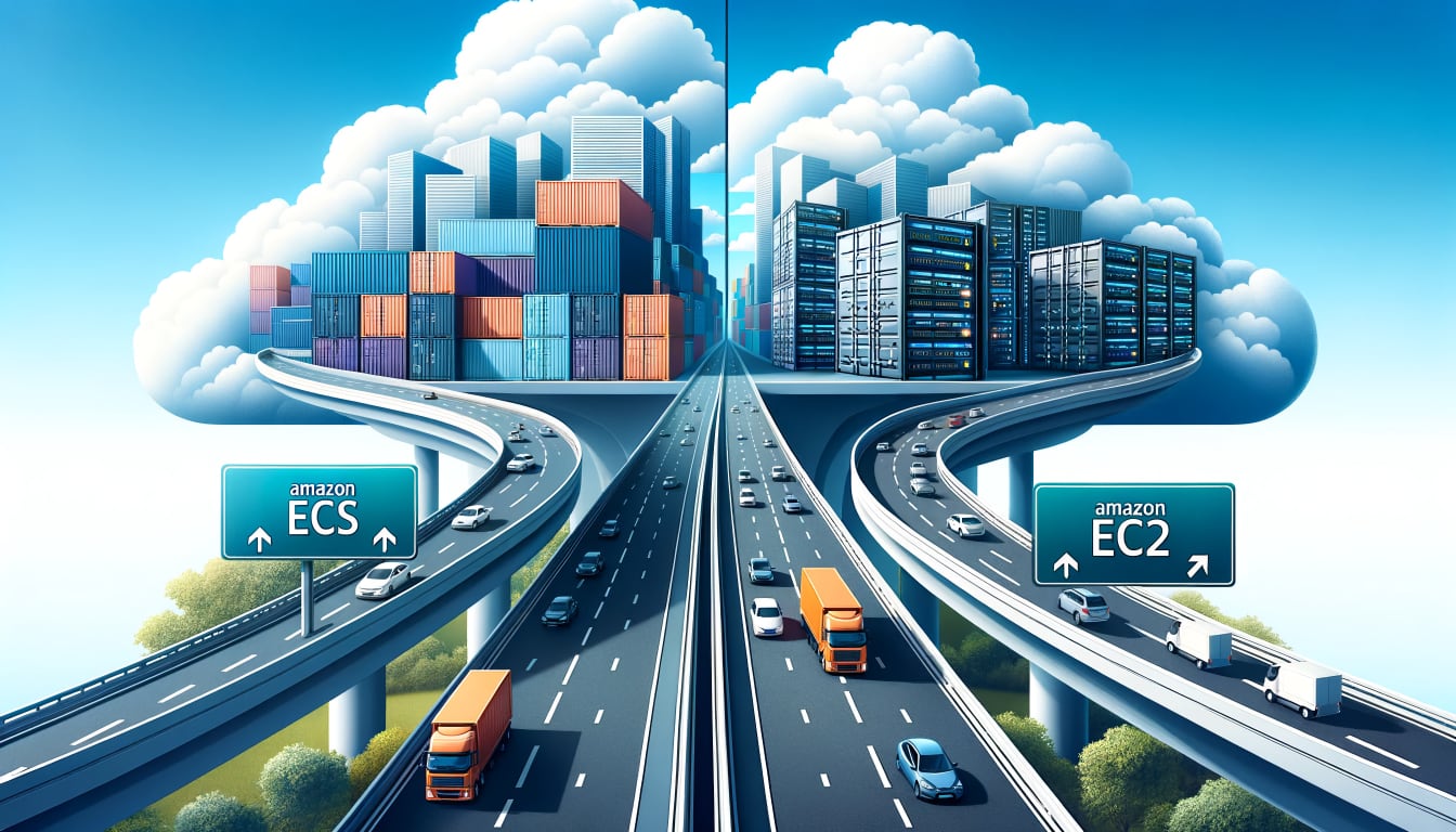 Artistic representation of a bifurcated highway under a blue sky. The left division has a road sign directing towards 'Amazon ECS' with container imagery below. The right division showcases a road sign directing to 'Amazon EC2' with illustrations of server infrastructure below.