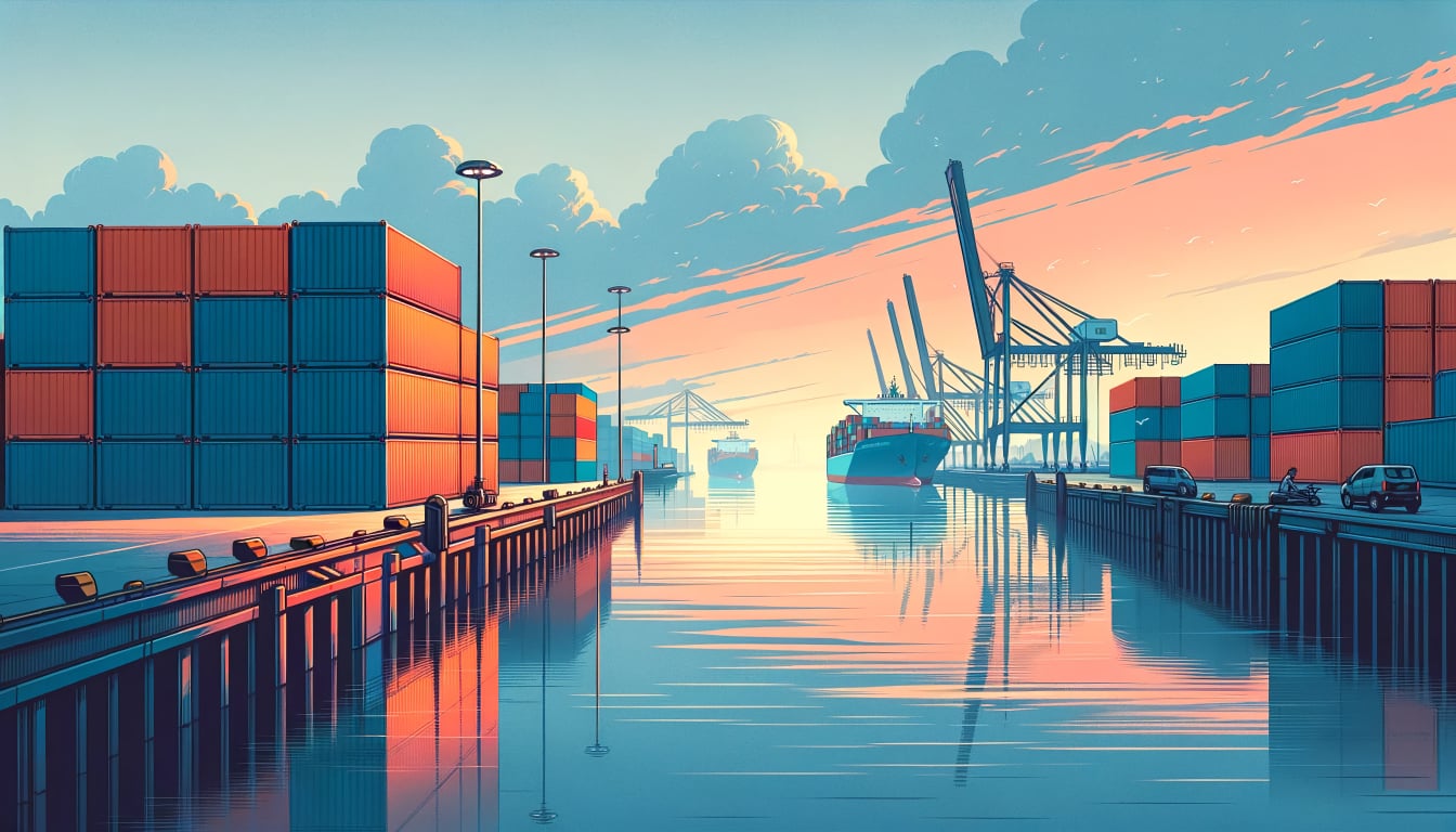 Illustration of a serene harbor scene bathed in the soft light of dusk. The calm waters reflect the surroundings. On the dock, two shipping containers stand side by side. The one on the left is a vivid blue, while its neighbor on the right is a striking orange, both contrasting against the backdrop of ships and cranes in the distance.