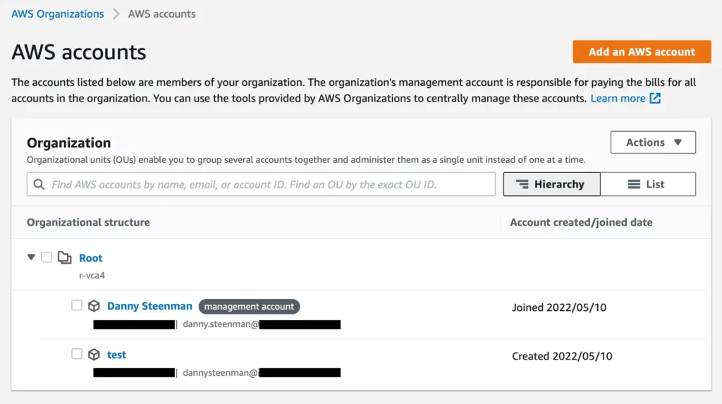 The newly created AWS account is visible on the AWS Organizations > AWS Accounts page in the AWS Console