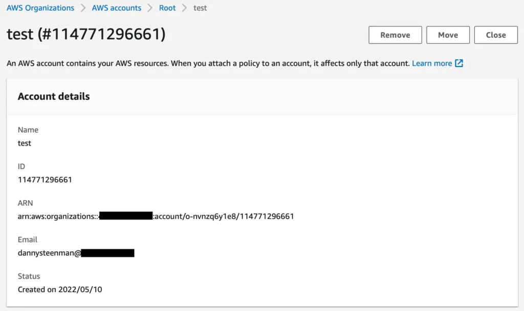 AWS account details page in AWS Organizations