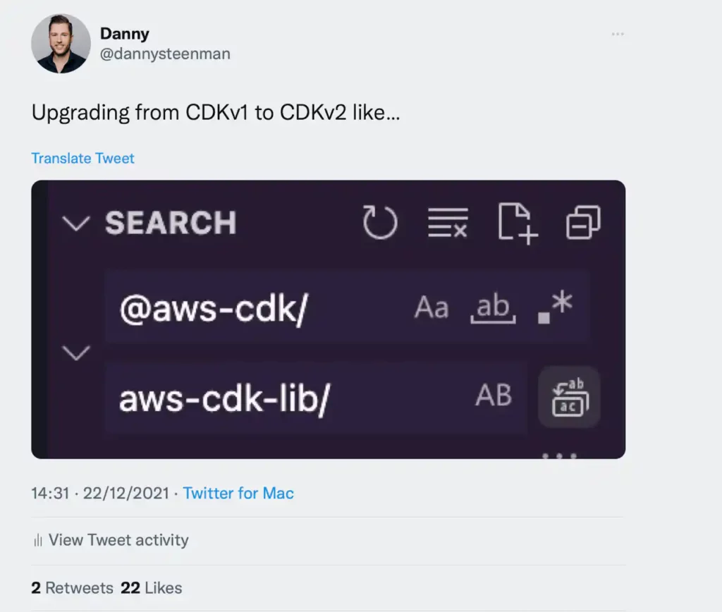 Tweet with the text: Upgrading from CDKv1 to CDKv2 like…