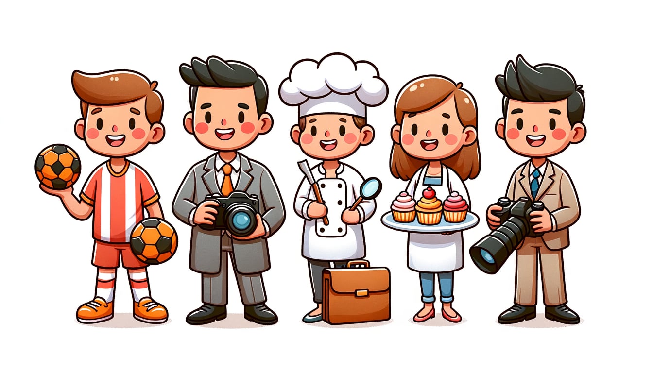 Cartoon drawing of a group of five diverse people, each representing a unique role. A soccer player with an orange ball, a lawyer with an orange briefcase, a baker with orange cupcakes, a photographer with an orange camera, and a detective with an orange magnifying glass. All elements have a touch of orange.