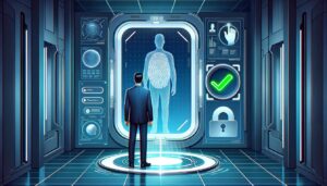 Illustration of an individual standing in front of a futuristic mirror. The mirror displays digital information about the person, and as the individual scans their fingerprint on a pad, a green checkmark appears, symbolizing self-verification.