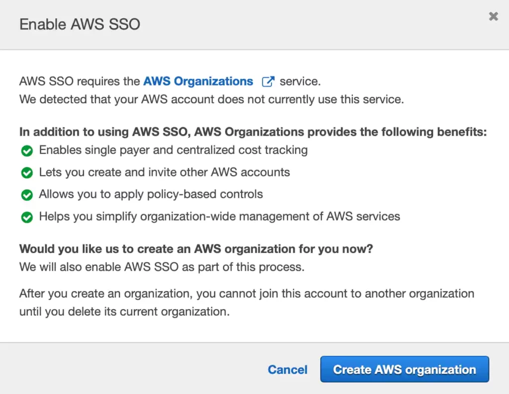 Create AWS Organizations in the AWS SSO Console