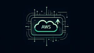 Vector illustration of a stylish terminal interface with a minimalist aesthetic. The dark black background of the terminal sets the stage for a luminescent green cursor, which blinks awaiting input. Dominating the center is the AWS logo, rendered with precision and clarity.