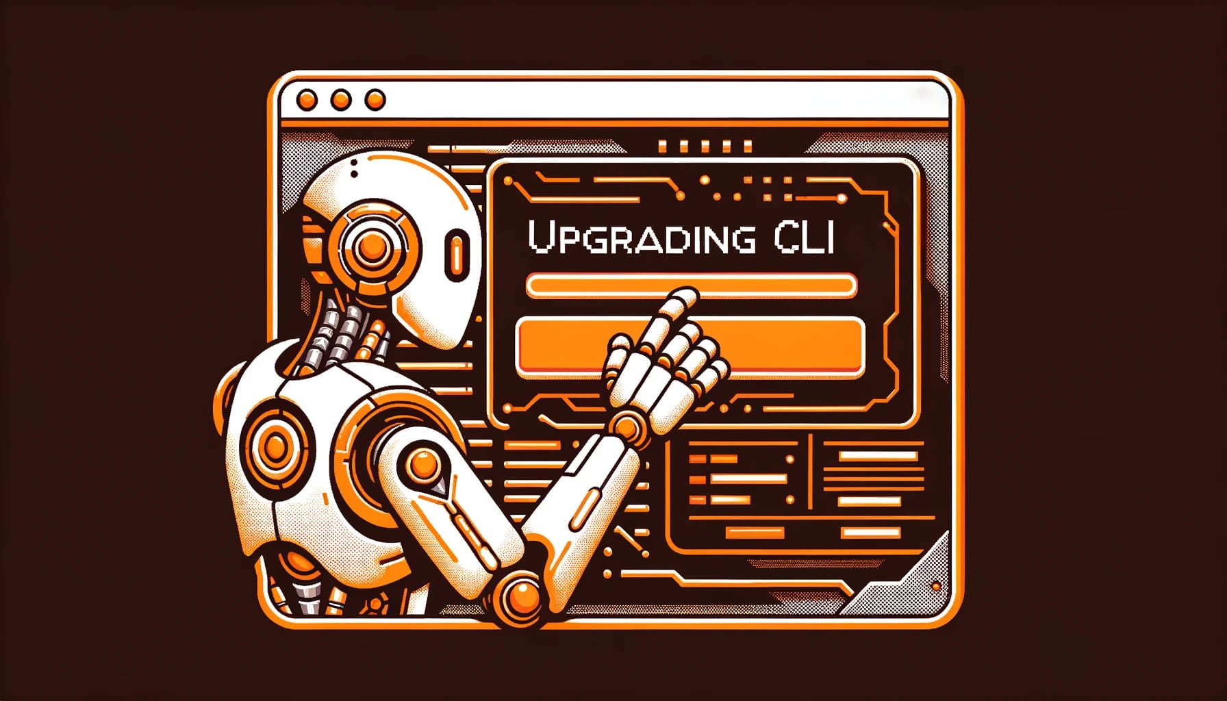 Illustration set in a tech environment with a prominent orange color scheme. An advanced robot, detailed with orange accents, stands focused on a terminal screen. The screen distinctly displays the message 'Upgrading CLI Version' with an accompanying orange progress bar, emphasizing the upgrade process.