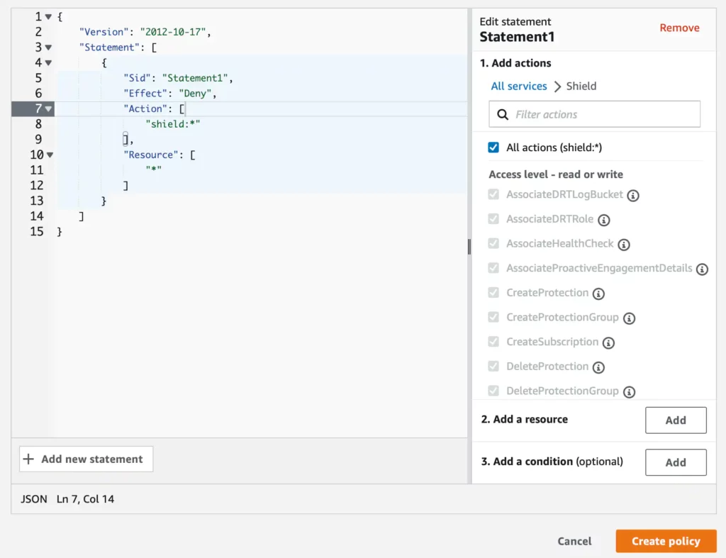 AWS console: AWS Organizations create new Service Control Policy deny statement