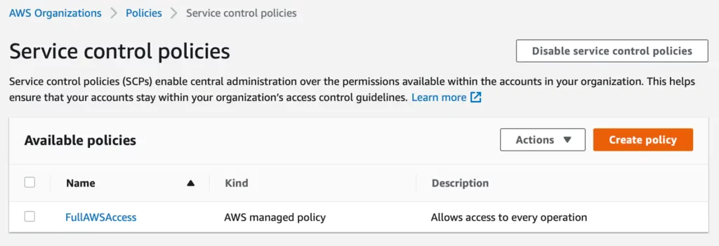 AWS console: AWS Organizations create new Service Control Policy