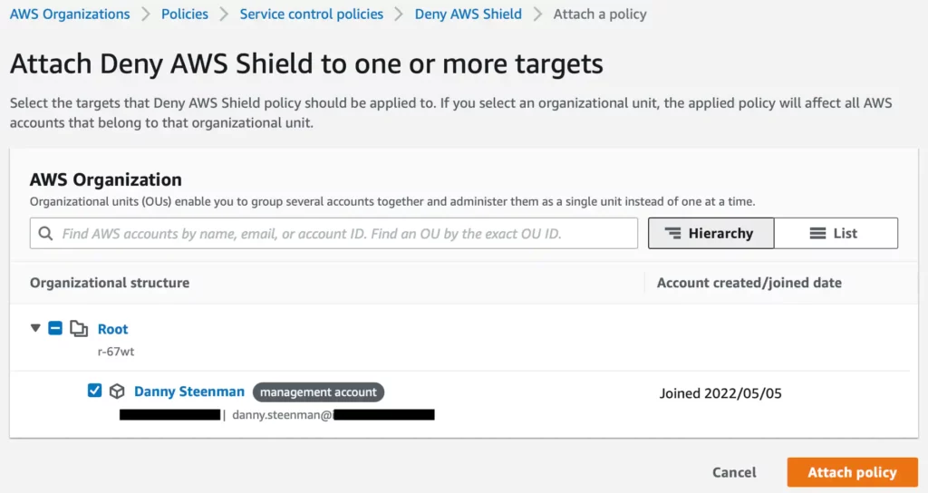 AWS console: AWS Organizations attach Service Control Policy to a target AWS account