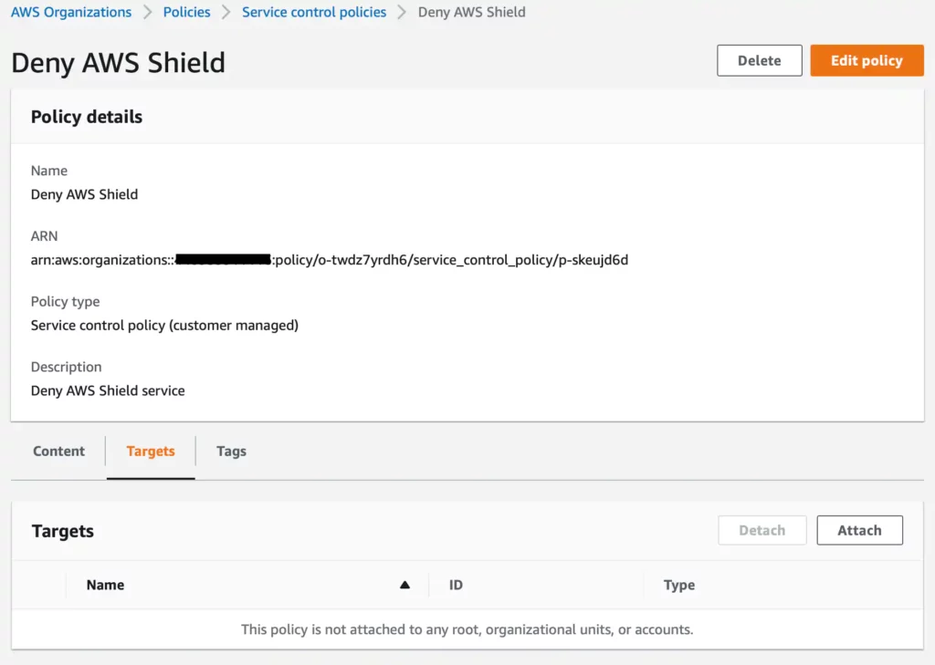 AWS console: AWS Organizations Service Control Policy rule target tab