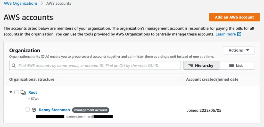 AWS console: AWS Organizations organizational structure