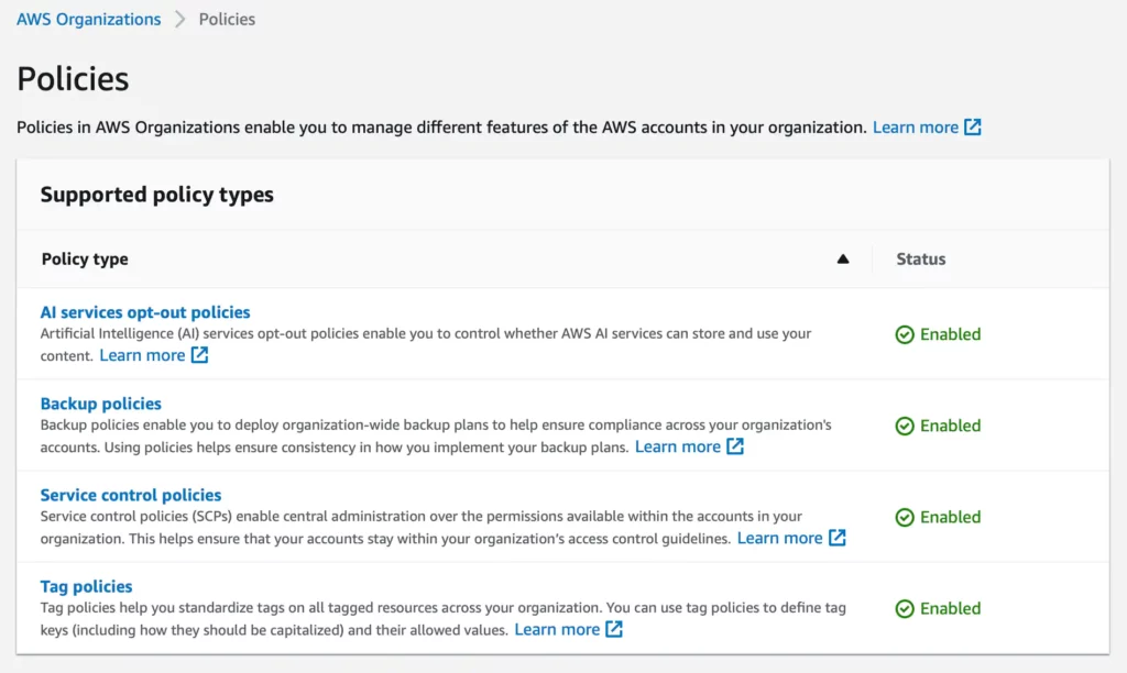 AWS console: AWS Organizations policies