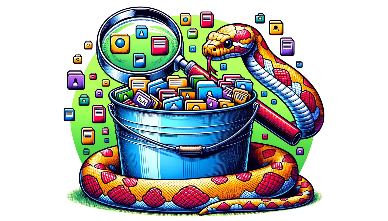 Detailed drawing of a vibrant scene where a python, with magnifying glasses, is diligently examining the contents of a bucket filled with data icons, files, and folders. This showcases the concept of the Python programming language assessing or verifying stored data.