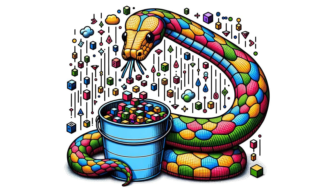 Detailed drawing of a vibrant scene with a python, illustrated with coding patterns, extending its body to drop a stream of data objects into a bucket overflowing with similar items. This showcases the Python language's capability to add or insert data into storage platforms.