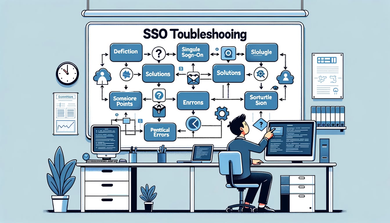 Illustration set in an IT office environment. A technician is deeply engrossed in examining a flowchart on a board titled 'SSO Troubleshooting'. The flowchart has decision points, solutions, and potential errors, reflecting the comprehensive approach to resolving Single Sign-On challenges.