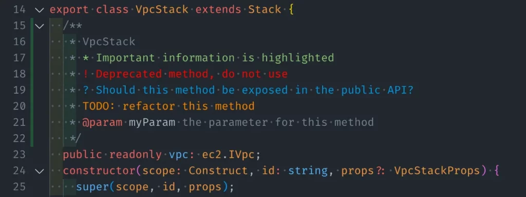 Better comments VS Code extension example of comment highlighting