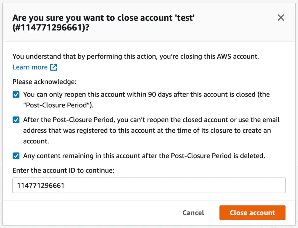 Close AWS account confirmation prompt in AWS Console