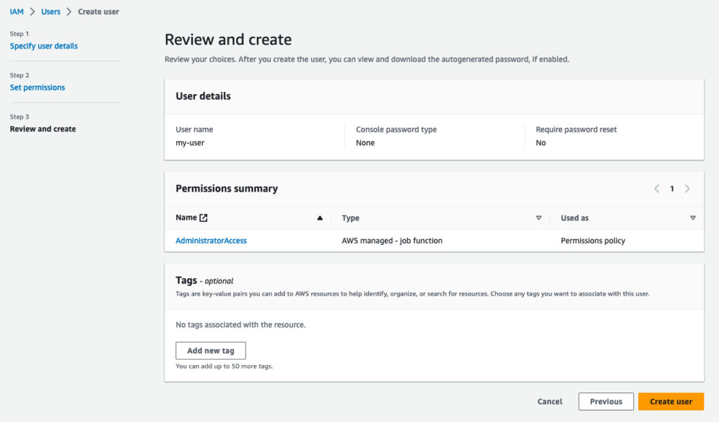 Create IAM user in AWS Console, review step.