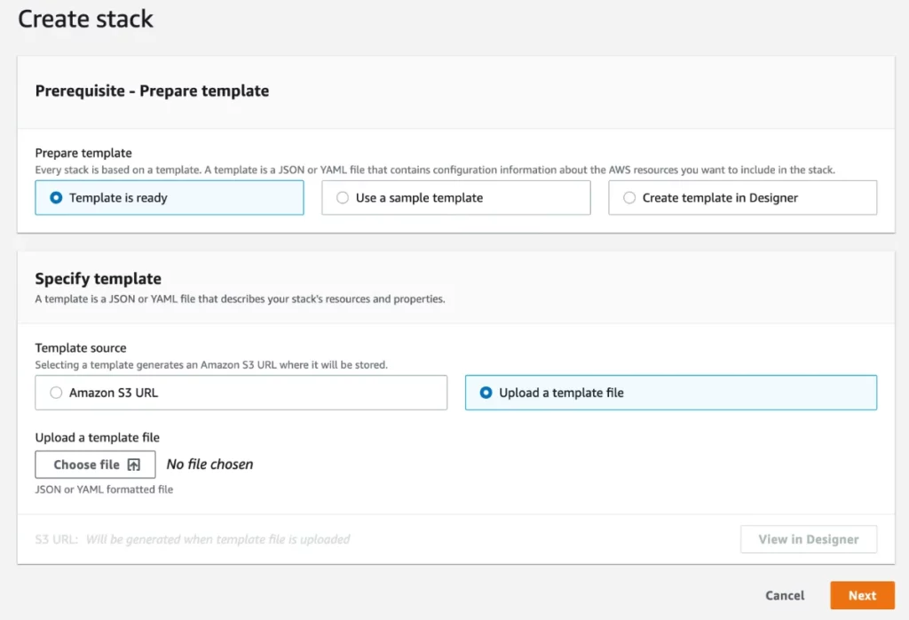 Specify the CloudFormation template that will be deployed in the AWS Console