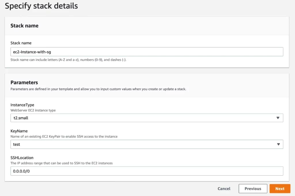 Specify the CloudFormation stack details such as names and parameters