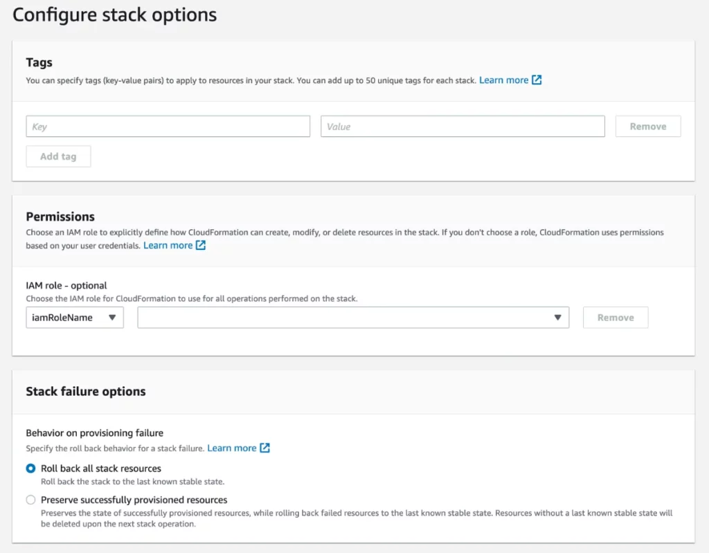Configure the AWS CloudFormation stack options such as tags and IAM roles