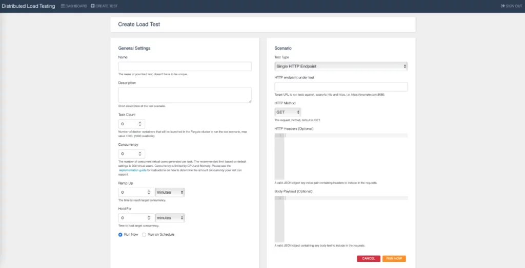 "Create test" page of the distributed load testing on AWS tool.