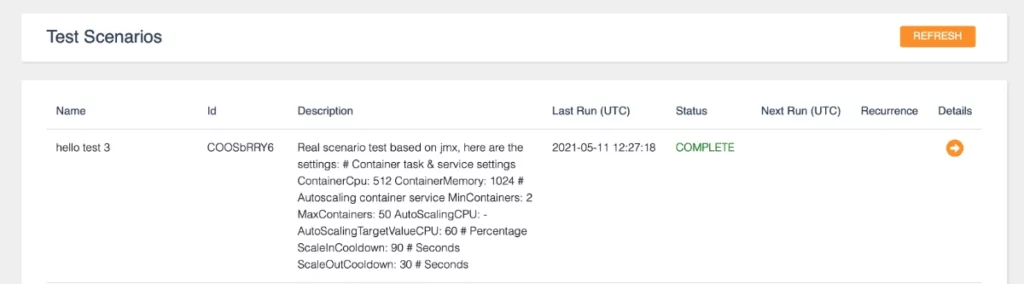 Load test list page of the distributed load testing on AWS tool.