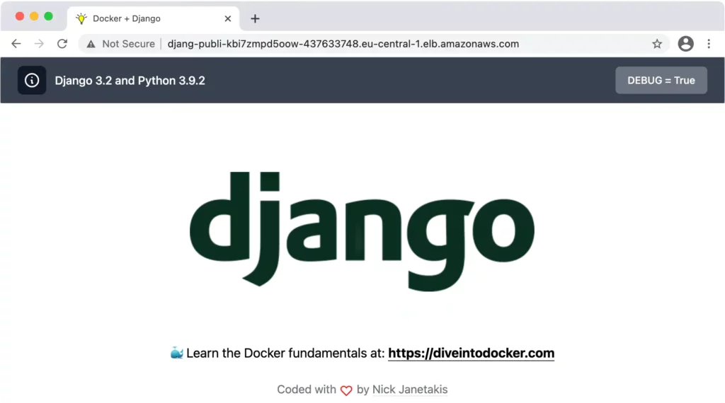 Browser showing django application page