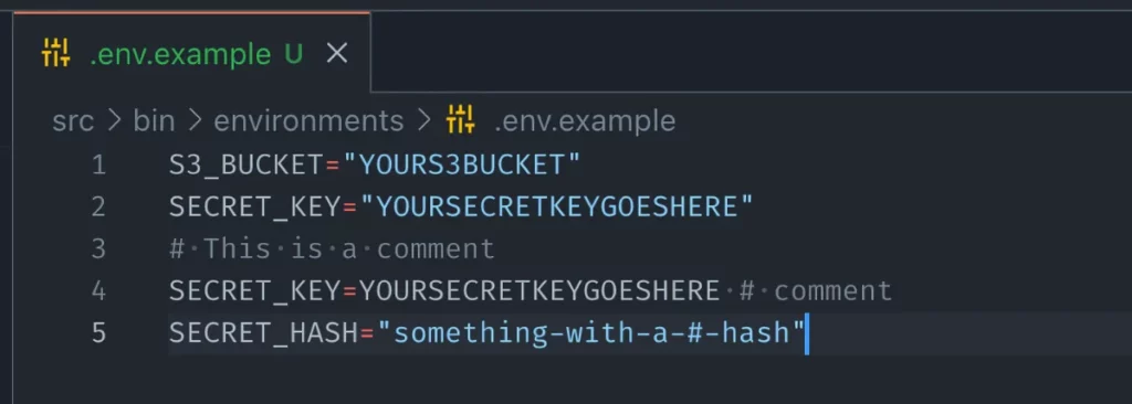 dotenv vscode extension showing syntax highlight on an .env.example file