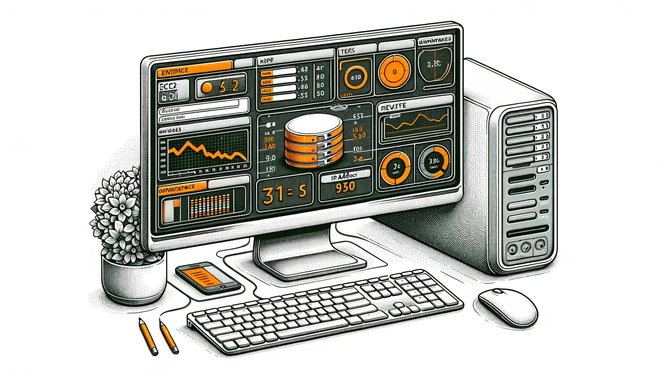 Detailed drawing of a tech workspace with a monitor showcasing various AWS tools. Beside the monitor, there's a single keyboard and a mouse. The monitor displays an interface of an orange EC2 server. On its dashboard, amidst several metrics, the IP address is prominently highlighted, symbolizing the task of finding it within the AWS environment.