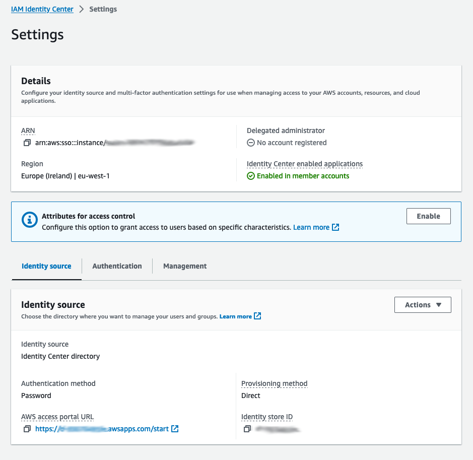 IAM Identity Center settings in the AWS Console