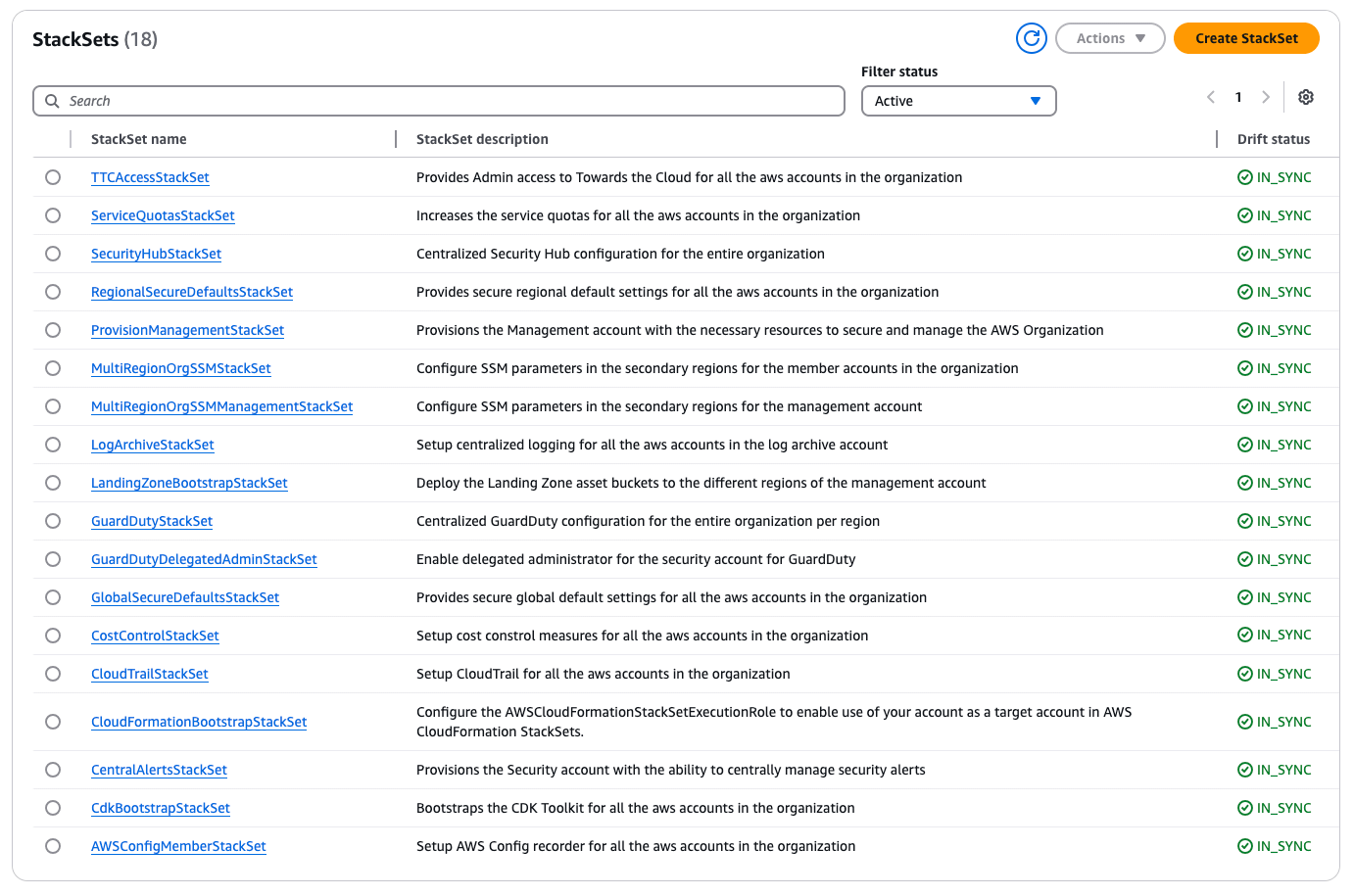 AWS CDK Landing Zone stackset list of features