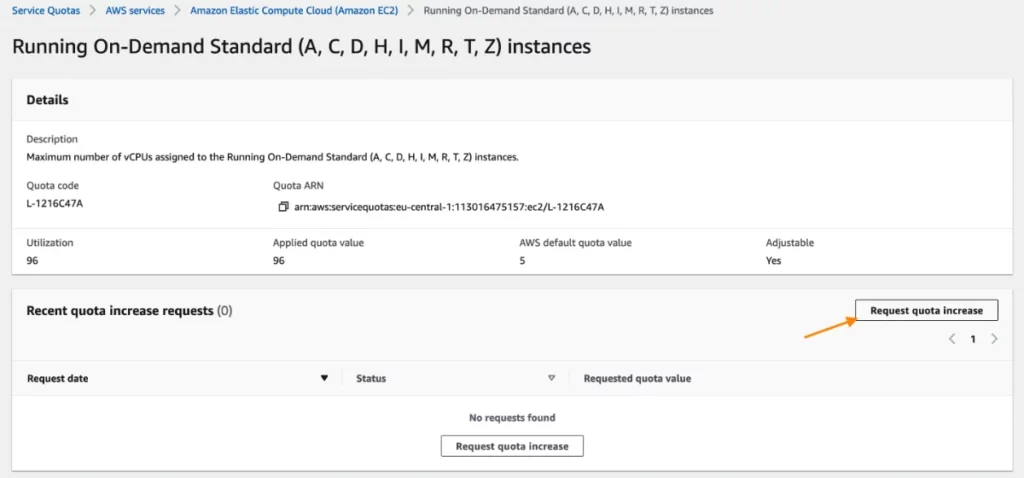 Request quota increase for Running On-Demand Standard (A, C, D, H, I, M, R, T, Z) instances limit
