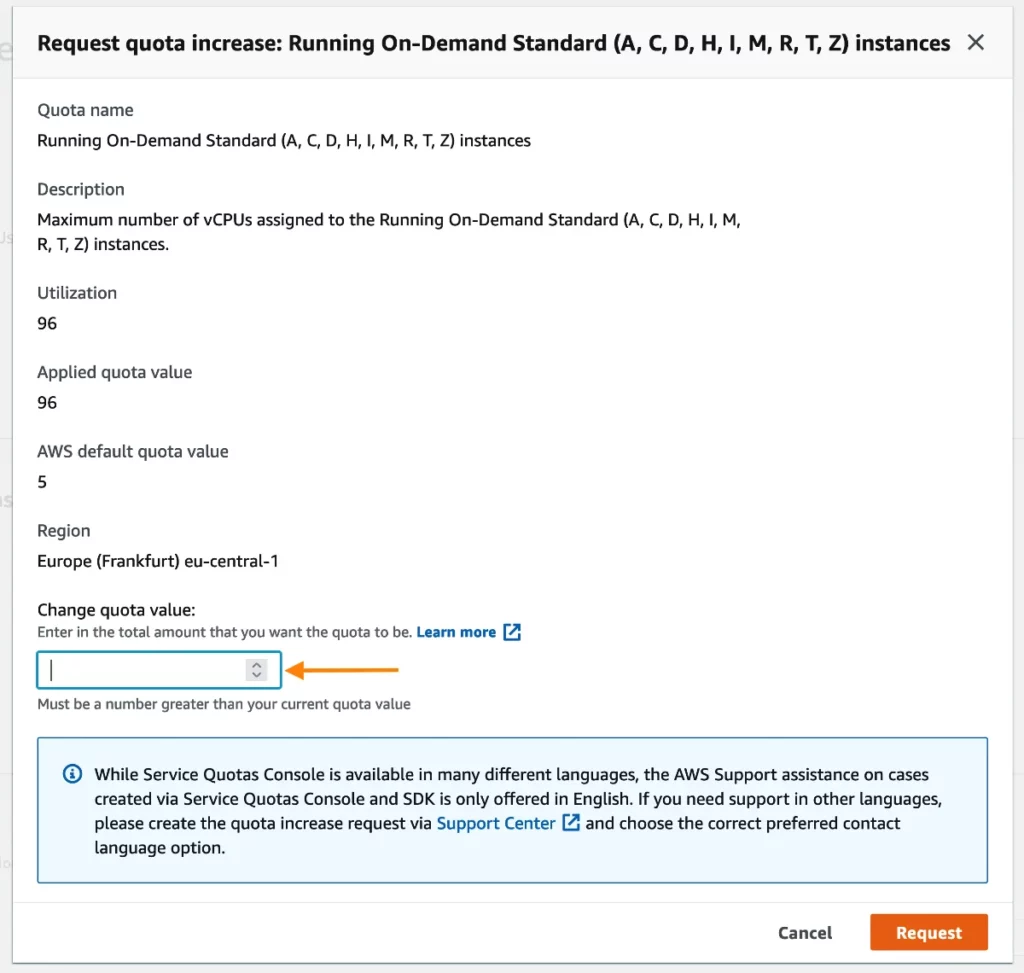 Change quota value for running On-Demand Standard (A, C, D, H, I, M, R, T, Z) instances