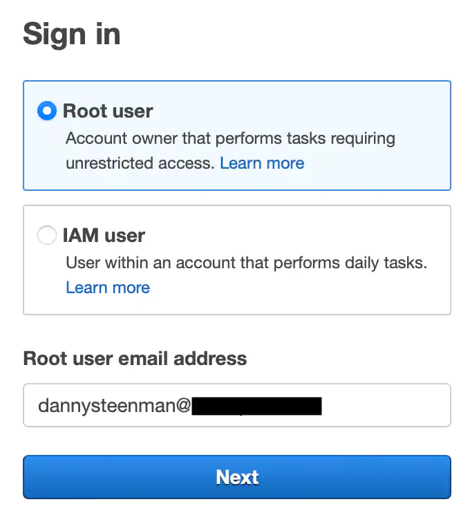 Sign in to the AWS console with the root account