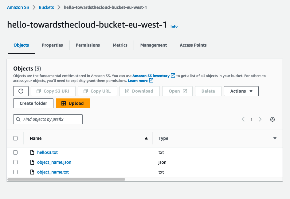 Amazon S3 bucket with example files stored. AWS Console view.