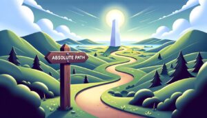 Illustration of a tranquil scenic landscape. A winding path stretches through the terrain, guiding the viewer towards a radiant monument in the shape of the JavaScript logo. Along the pathway, a single, prominent signpost stands, bearing the label 'absolute path', representing a key milestone in the journey towards mastering JavaScript.