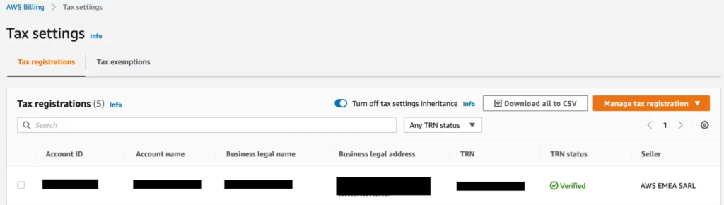 AWS billing tax inheritance enabled