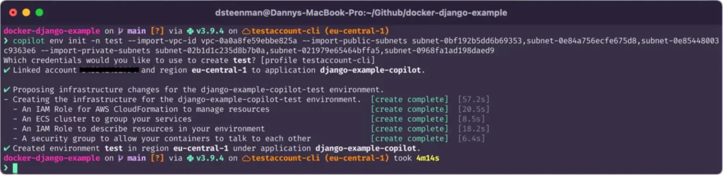 Terminal command to deploy copilot in an existing vpc