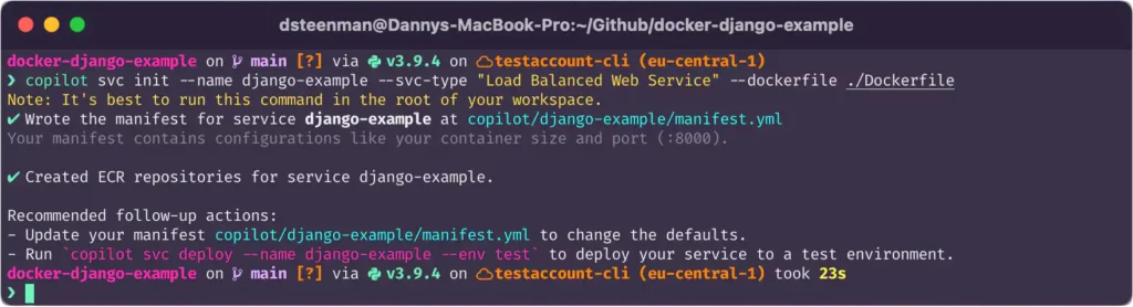 Terminal command to deploy an aws copilot load balanced service