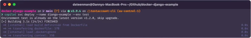 Terminal command: AWS copilot svc deploy --name django-example --env test