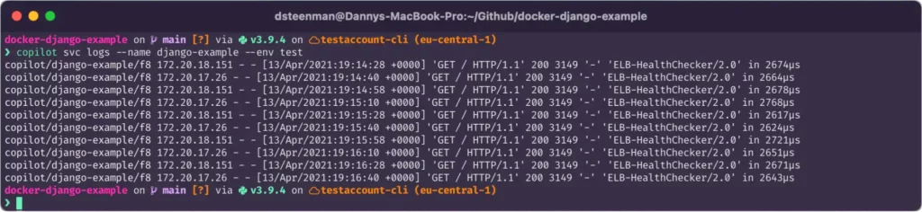 Terminal command: AWS copilot svc logs --name django-example --env test